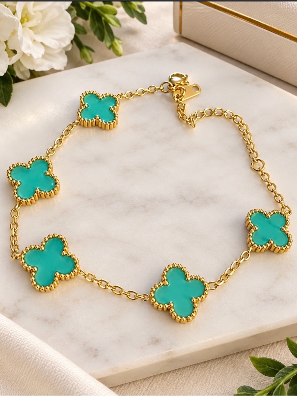 Gold-Tone Bracelet with Turquoise Clover Stations